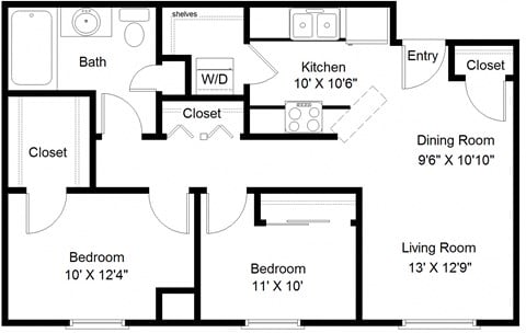 Floor plan for 2 beds, 1 bath, 998 sqft